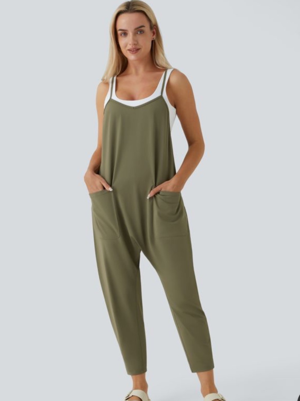 Halara Pockets Ankle Length Casual Loose Tapered Jumpsuit Winter Moss Size Large